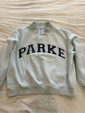 Parke Cloud Blue Mock-Neck Varsity Sweatshirt with Navy Lettering